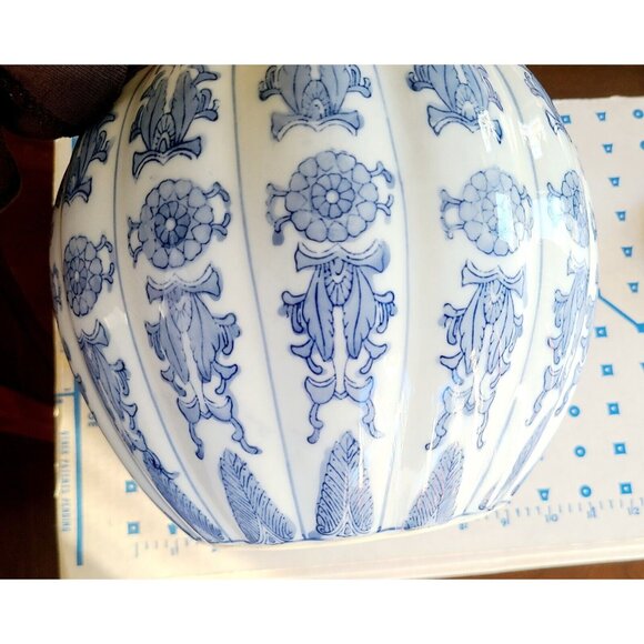 VTG Chinese Porcelain Pumpkin Jar Extra Large Blue & White Chinoiserie 25 Cm - Picture 11 of 13